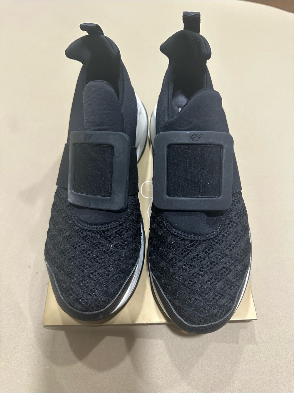 Roger Vivier Black Knit Slip-On Sneakers with Signature Buckle